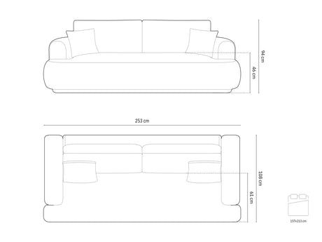 Ella 3-Sitzer Sofa mit Schlaffunktion und Bettkasten Bezug aus Samt (Vog13) in Deep Petrol, 253x108 cm – Bild 2