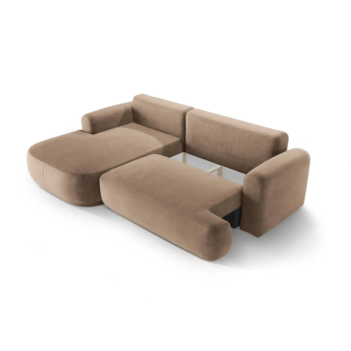 Ella 4-seater corner sofa left with sleeping function and bed box, upholstered in velvet, textured fabric or boucle, 271x174 cm