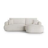 Canapé d'angle droit Ella 4 places avec fonction couchage et coffre de rangement. Revêtement en velours, tissu structuré ou bouclé, 271 x 174 cm.