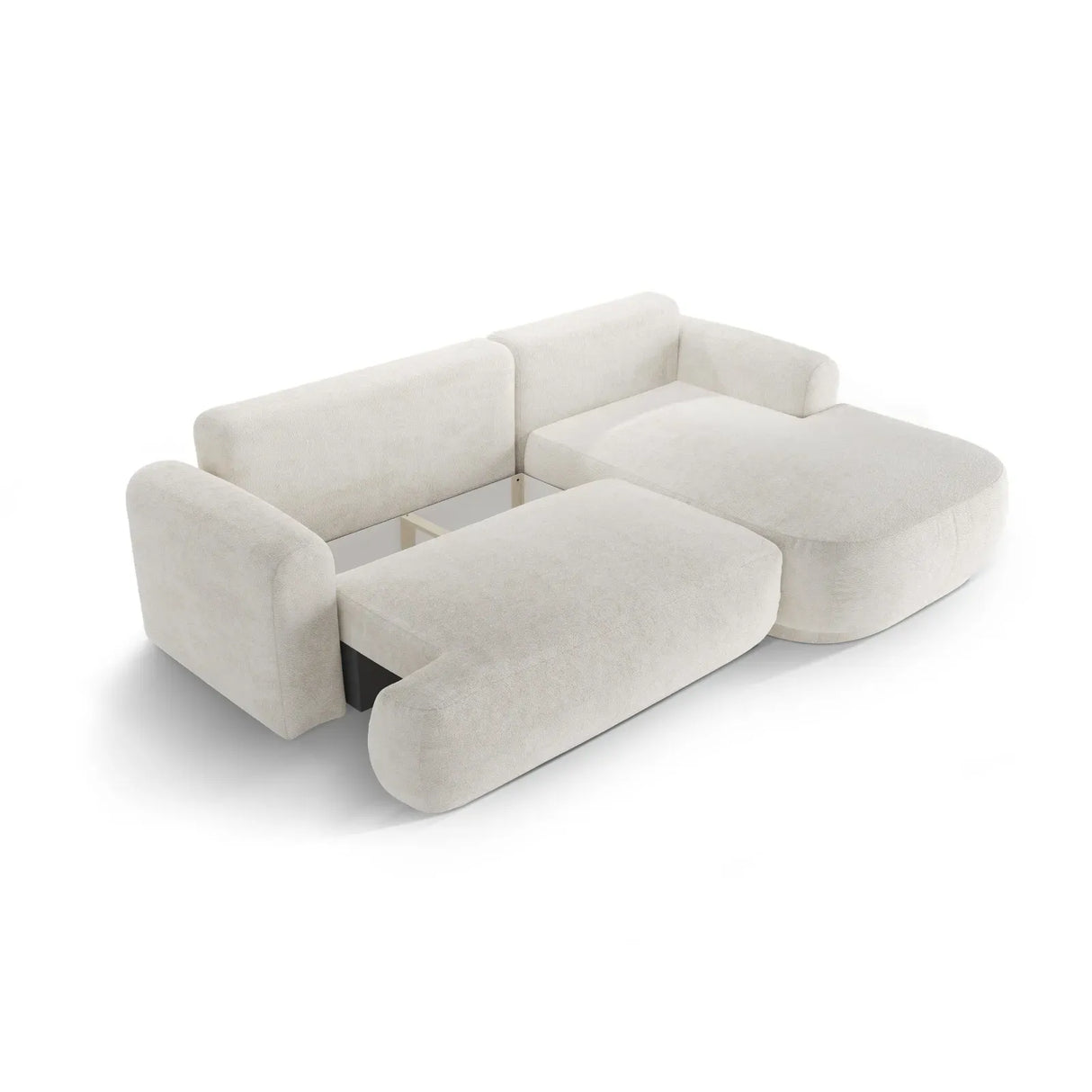 Canapé d'angle droit Ella 4 places avec fonction couchage et coffre de rangement. Revêtement en velours, tissu structuré ou bouclé, 271 x 174 cm.