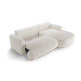 Canapé d'angle droit Ella 4 places avec fonction couchage et coffre de rangement. Revêtement en velours, tissu structuré ou bouclé, 271 x 174 cm.