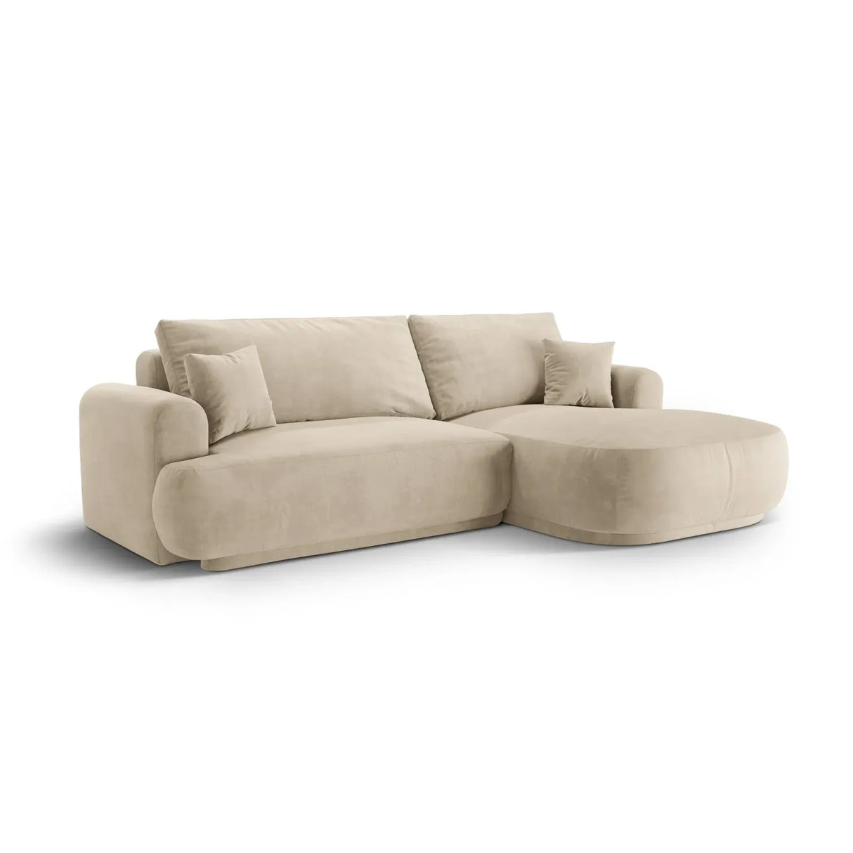Canapé d'angle droit Ella 4 places avec fonction couchage et coffre de rangement. Revêtement en velours, tissu structuré ou bouclé, 271 x 174 cm.
