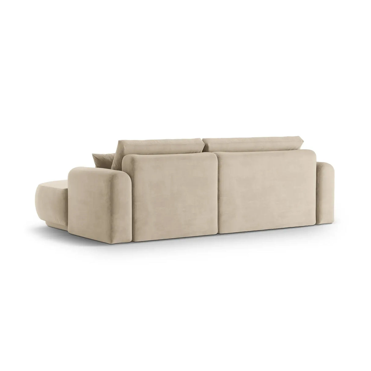 Canapé d'angle droit Ella 4 places avec fonction couchage et coffre de rangement. Revêtement en velours, tissu structuré ou bouclé, 271 x 174 cm.
