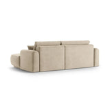 Canapé d'angle droit Ella 4 places avec fonction couchage et coffre de rangement. Revêtement en velours, tissu structuré ou bouclé, 271 x 174 cm.