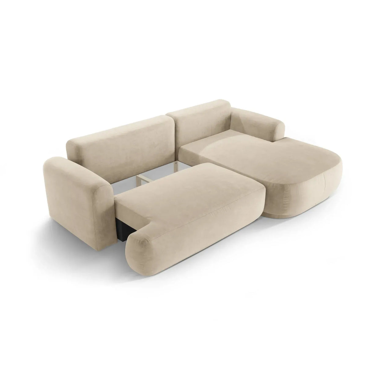 Canapé d'angle droit Ella 4 places avec fonction couchage et coffre de rangement. Revêtement en velours, tissu structuré ou bouclé, 271 x 174 cm.