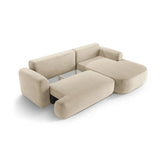Canapé d'angle droit Ella 4 places avec fonction couchage et coffre de rangement. Revêtement en velours, tissu structuré ou bouclé, 271 x 174 cm.