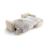 Canapé d'angle droit Ella 4 places avec fonction couchage et coffre de rangement. Revêtement en velours, tissu structuré ou bouclé, 271 x 174 cm.