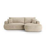 Canapé d'angle droit Ella 4 places avec fonction couchage et coffre de rangement. Revêtement en velours, tissu structuré ou bouclé, 271 x 174 cm.