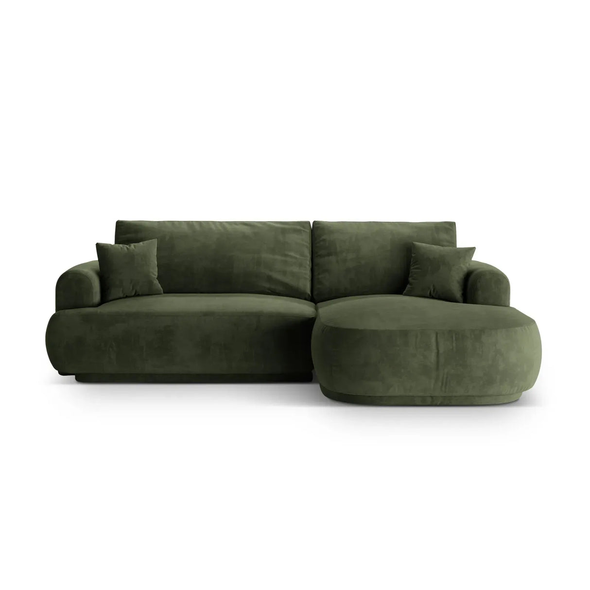Canapé d'angle droit Ella 4 places avec fonction couchage et coffre de rangement. Revêtement en velours, tissu structuré ou bouclé, 271 x 174 cm.