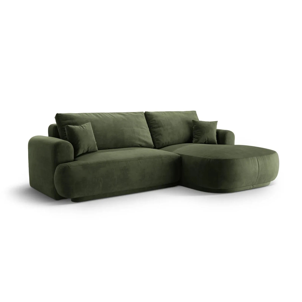 Canapé d'angle droit Ella 4 places avec fonction couchage et coffre de rangement. Revêtement en velours, tissu structuré ou bouclé, 271 x 174 cm.
