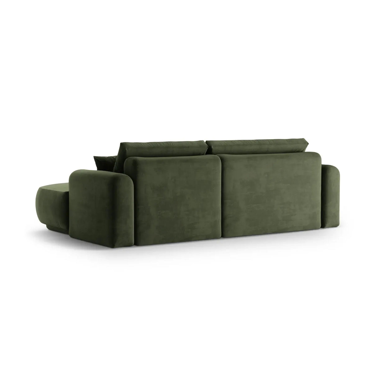 Canapé d'angle droit Ella 4 places avec fonction couchage et coffre de rangement. Revêtement en velours, tissu structuré ou bouclé, 271 x 174 cm.