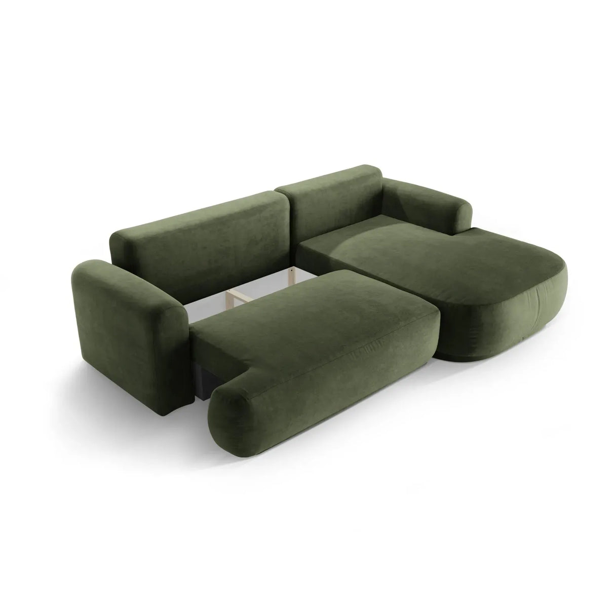 Canapé d'angle droit Ella 4 places avec fonction couchage et coffre de rangement. Revêtement en velours, tissu structuré ou bouclé, 271 x 174 cm.