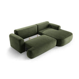 Canapé d'angle droit Ella 4 places avec fonction couchage et coffre de rangement. Revêtement en velours, tissu structuré ou bouclé, 271 x 174 cm.