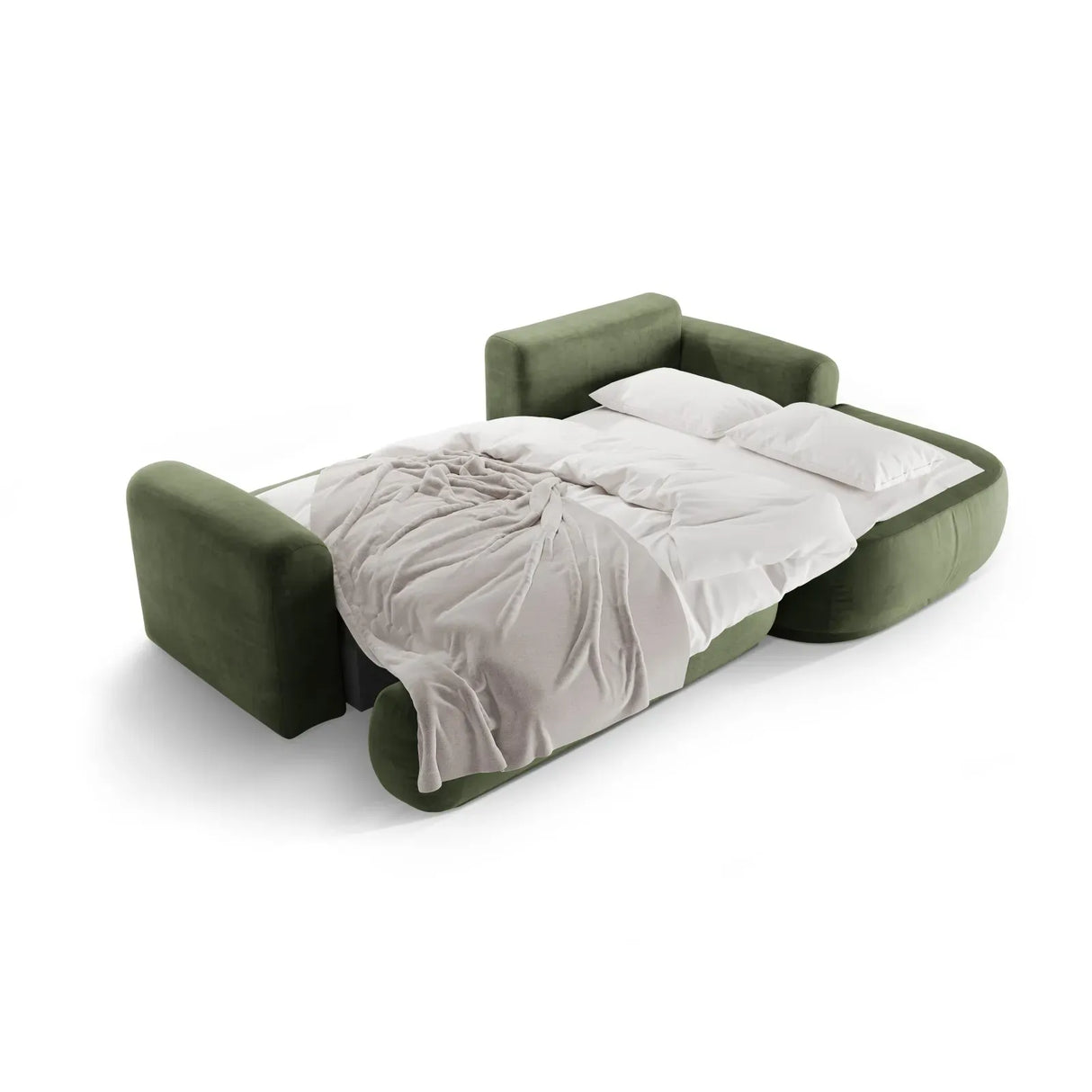 Canapé d'angle droit Ella 4 places avec fonction couchage et coffre de rangement. Revêtement en velours, tissu structuré ou bouclé, 271 x 174 cm.