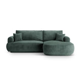 Canapé d'angle droit Ella 4 places avec fonction couchage et coffre de rangement. Revêtement en velours, tissu structuré ou bouclé, 271 x 174 cm.