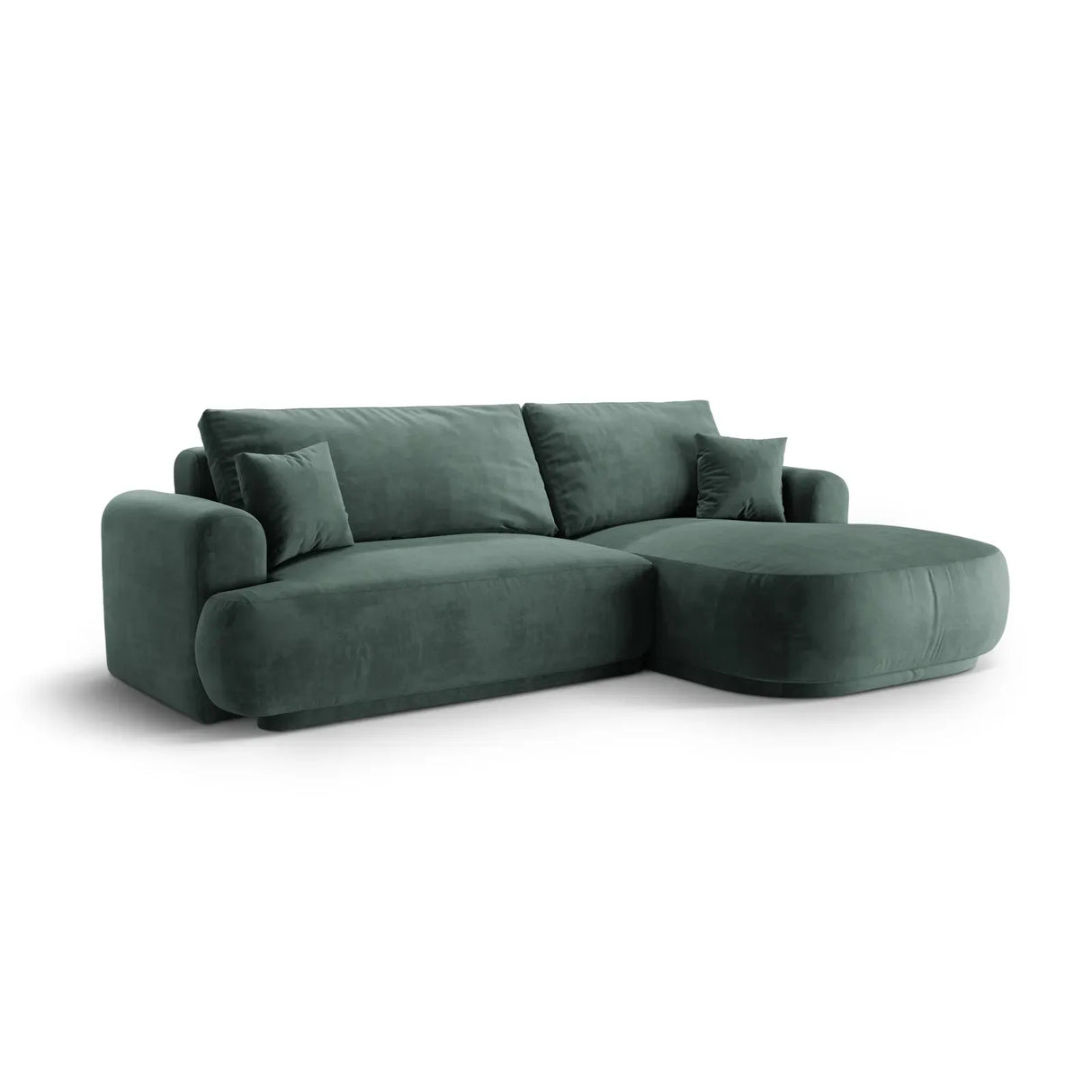 Canapé d'angle droit Ella 4 places avec fonction couchage et coffre de rangement. Revêtement en velours, tissu structuré ou bouclé, 271 x 174 cm.