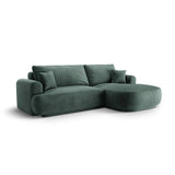 Canapé d'angle droit Ella 4 places avec fonction couchage et coffre de rangement. Revêtement en velours, tissu structuré ou bouclé, 271 x 174 cm.