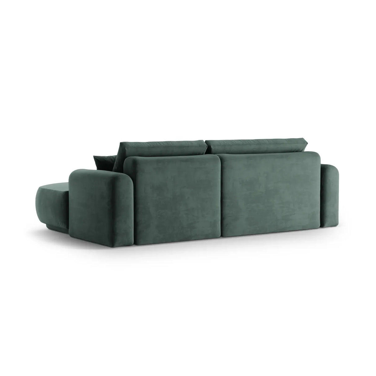 Canapé d'angle droit Ella 4 places avec fonction couchage et coffre de rangement. Revêtement en velours, tissu structuré ou bouclé, 271 x 174 cm.
