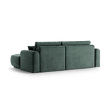 Canapé d'angle droit Ella 4 places avec fonction couchage et coffre de rangement. Revêtement en velours, tissu structuré ou bouclé, 271 x 174 cm.