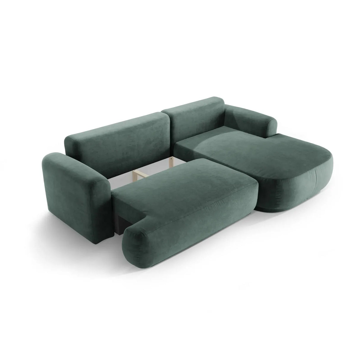Canapé d'angle droit Ella 4 places avec fonction couchage et coffre de rangement. Revêtement en velours, tissu structuré ou bouclé, 271 x 174 cm.