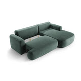Canapé d'angle droit Ella 4 places avec fonction couchage et coffre de rangement. Revêtement en velours, tissu structuré ou bouclé, 271 x 174 cm.