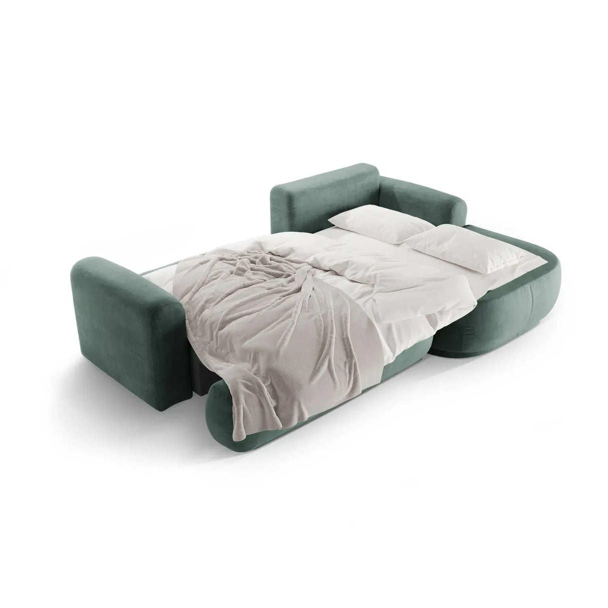 Canapé d'angle droit Ella 4 places avec fonction couchage et coffre de rangement. Revêtement en velours, tissu structuré ou bouclé, 271 x 174 cm.