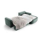 Canapé d'angle droit Ella 4 places avec fonction couchage et coffre de rangement. Revêtement en velours, tissu structuré ou bouclé, 271 x 174 cm.