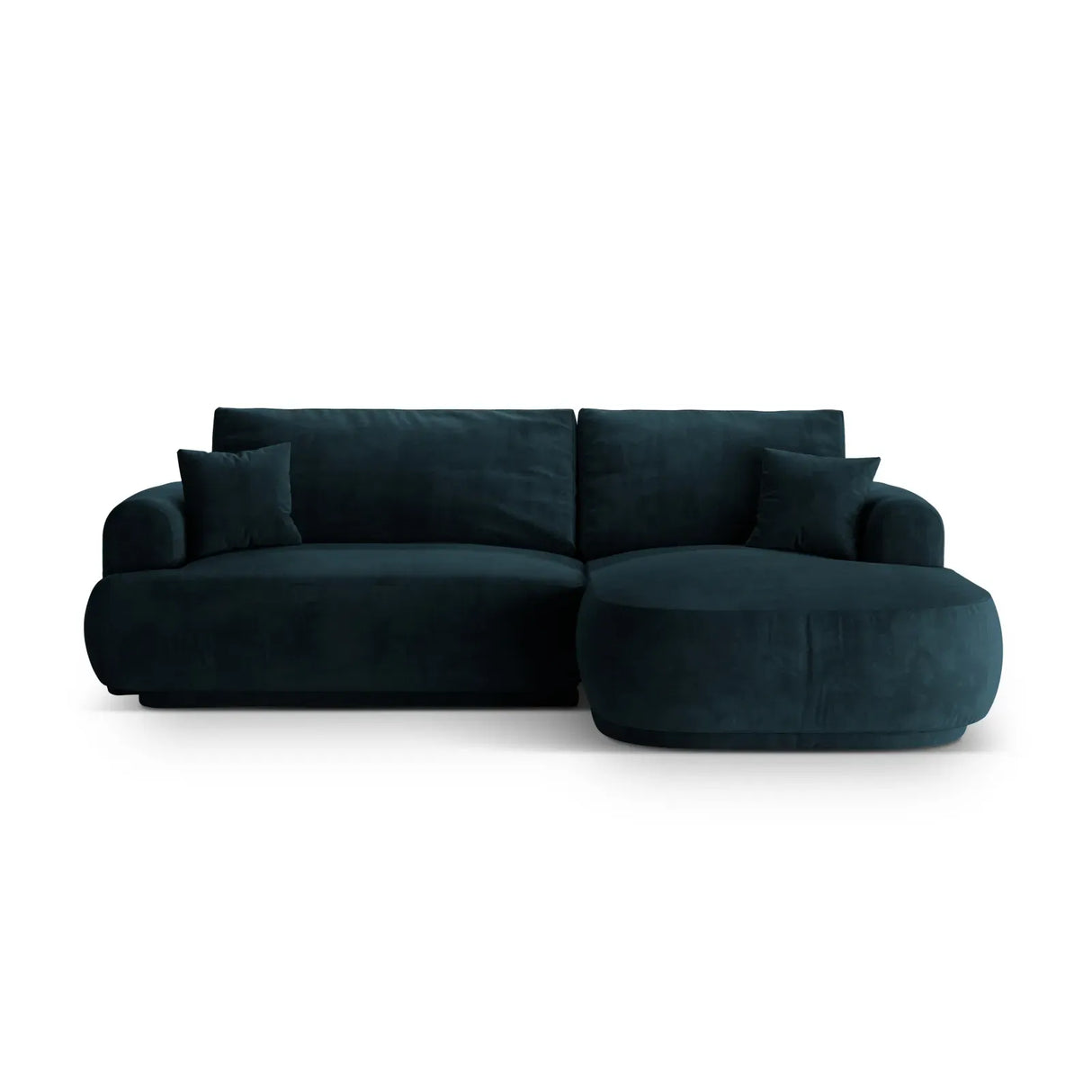 Canapé d'angle droit Ella 4 places avec fonction couchage et coffre de rangement. Revêtement en velours, tissu structuré ou bouclé, 271 x 174 cm.