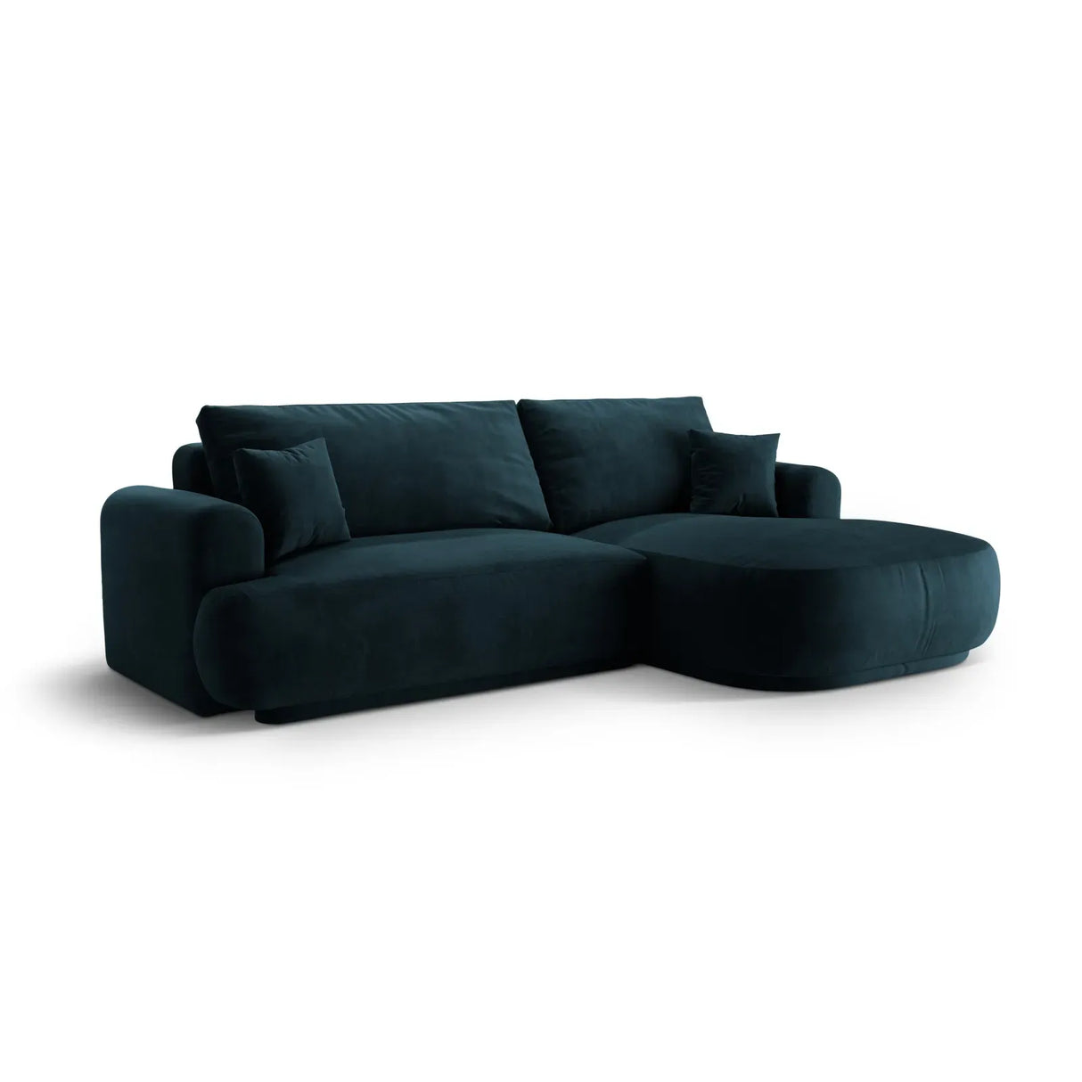Canapé d'angle droit Ella 4 places avec fonction couchage et coffre de rangement. Revêtement en velours, tissu structuré ou bouclé, 271 x 174 cm.