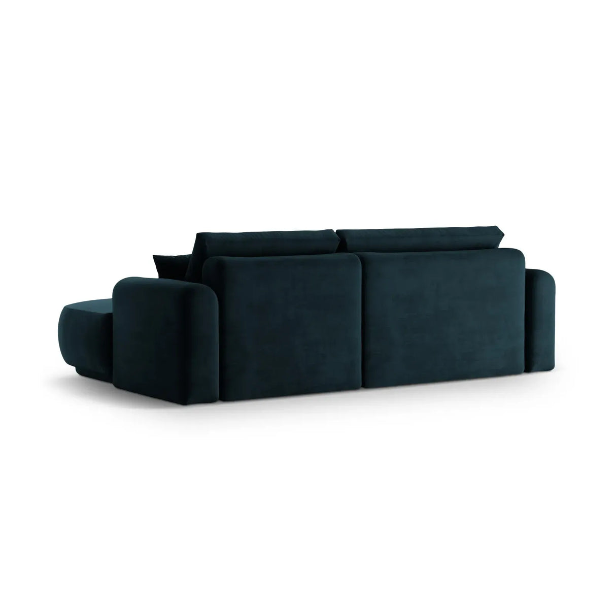 Canapé d'angle droit Ella 4 places avec fonction couchage et coffre de rangement. Revêtement en velours, tissu structuré ou bouclé, 271 x 174 cm.