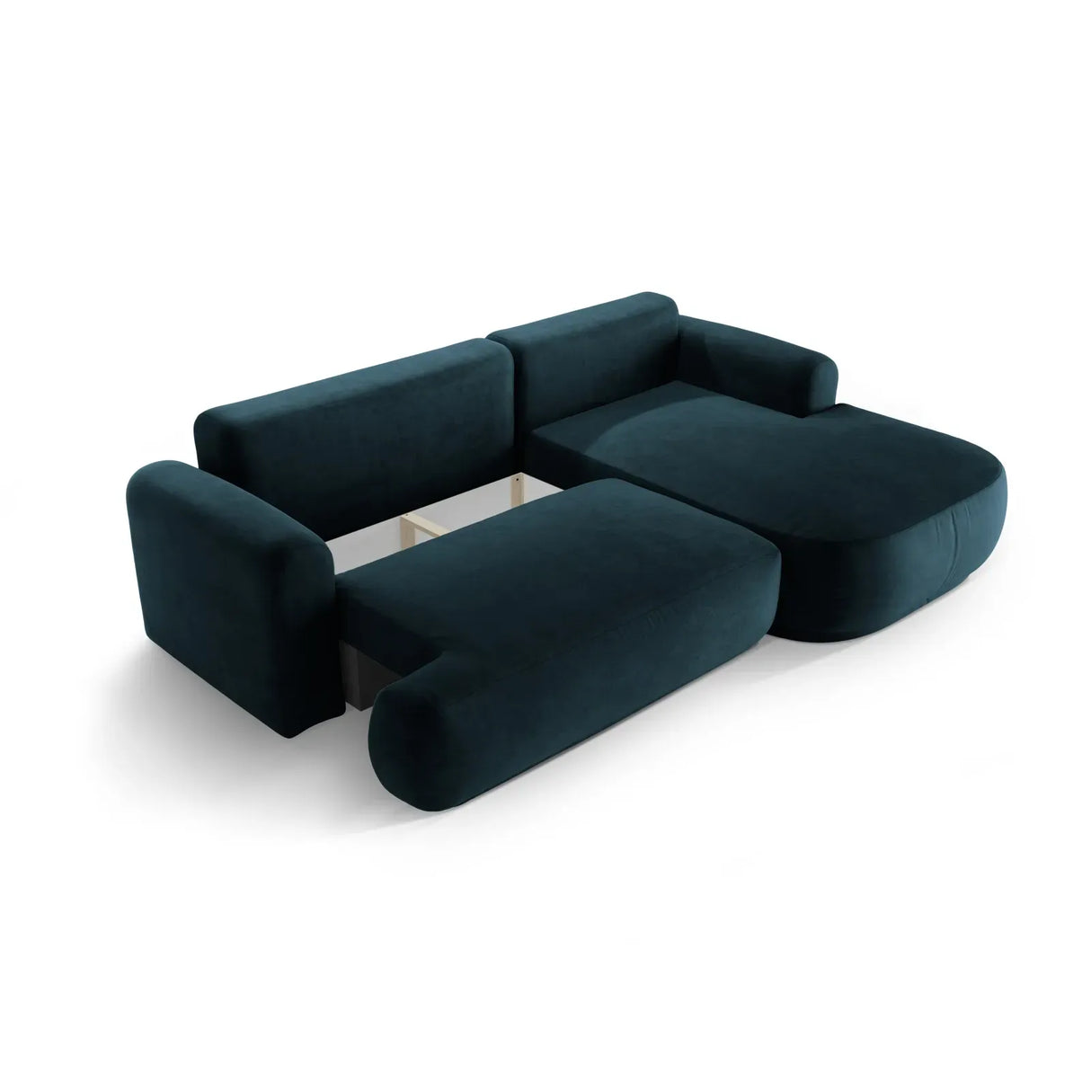 Canapé d'angle droit Ella 4 places avec fonction couchage et coffre de rangement. Revêtement en velours, tissu structuré ou bouclé, 271 x 174 cm.