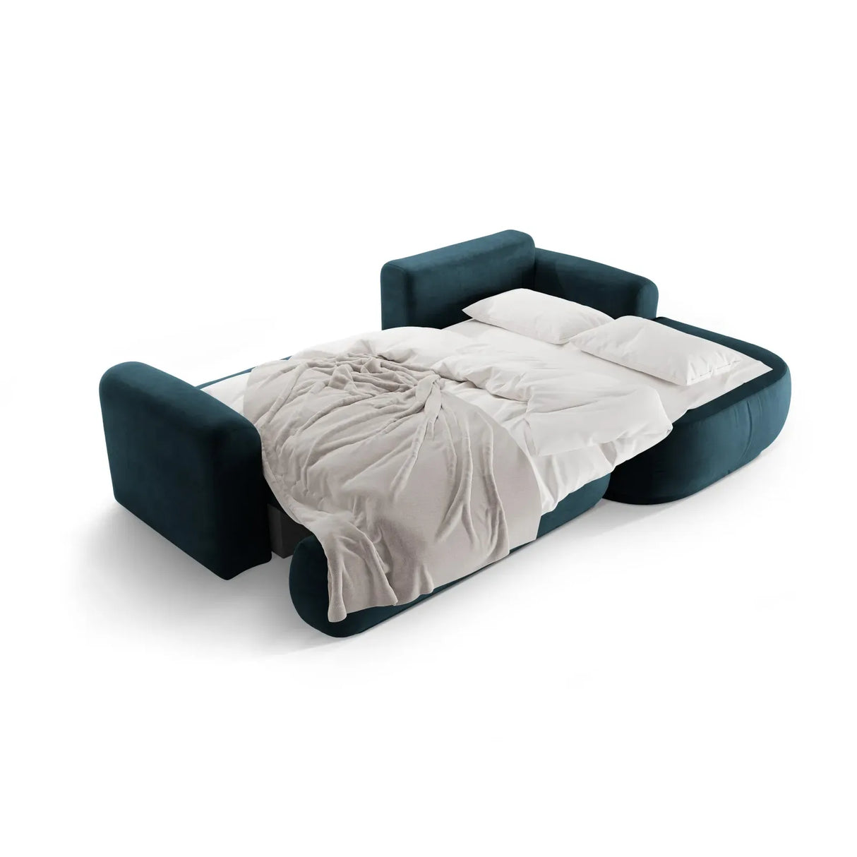 Canapé d'angle droit Ella 4 places avec fonction couchage et coffre de rangement. Revêtement en velours, tissu structuré ou bouclé, 271 x 174 cm.
