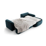 Canapé d'angle droit Ella 4 places avec fonction couchage et coffre de rangement. Revêtement en velours, tissu structuré ou bouclé, 271 x 174 cm.