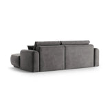 Canapé d'angle droit Ella 4 places avec fonction couchage et coffre de rangement. Revêtement en velours, tissu structuré ou bouclé, 271 x 174 cm.
