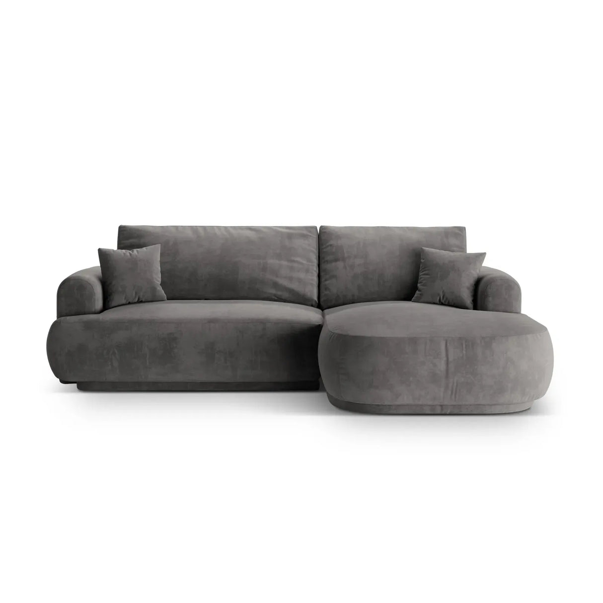 Canapé d'angle droit Ella 4 places avec fonction couchage et coffre de rangement. Revêtement en velours, tissu structuré ou bouclé, 271 x 174 cm.