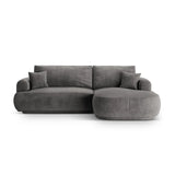 Canapé d'angle droit Ella 4 places avec fonction couchage et coffre de rangement. Revêtement en velours, tissu structuré ou bouclé, 271 x 174 cm.