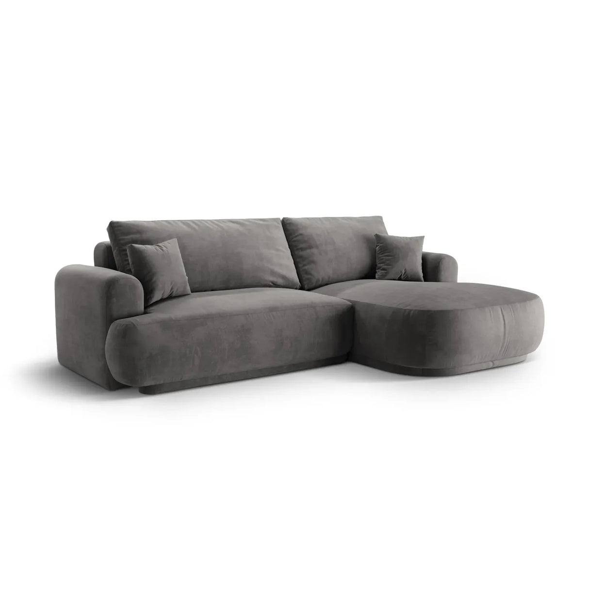 Canapé d'angle droit Ella 4 places avec fonction couchage et coffre de rangement. Revêtement en velours, tissu structuré ou bouclé, 271 x 174 cm.
