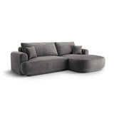 Canapé d'angle droit Ella 4 places avec fonction couchage et coffre de rangement. Revêtement en velours, tissu structuré ou bouclé, 271 x 174 cm.