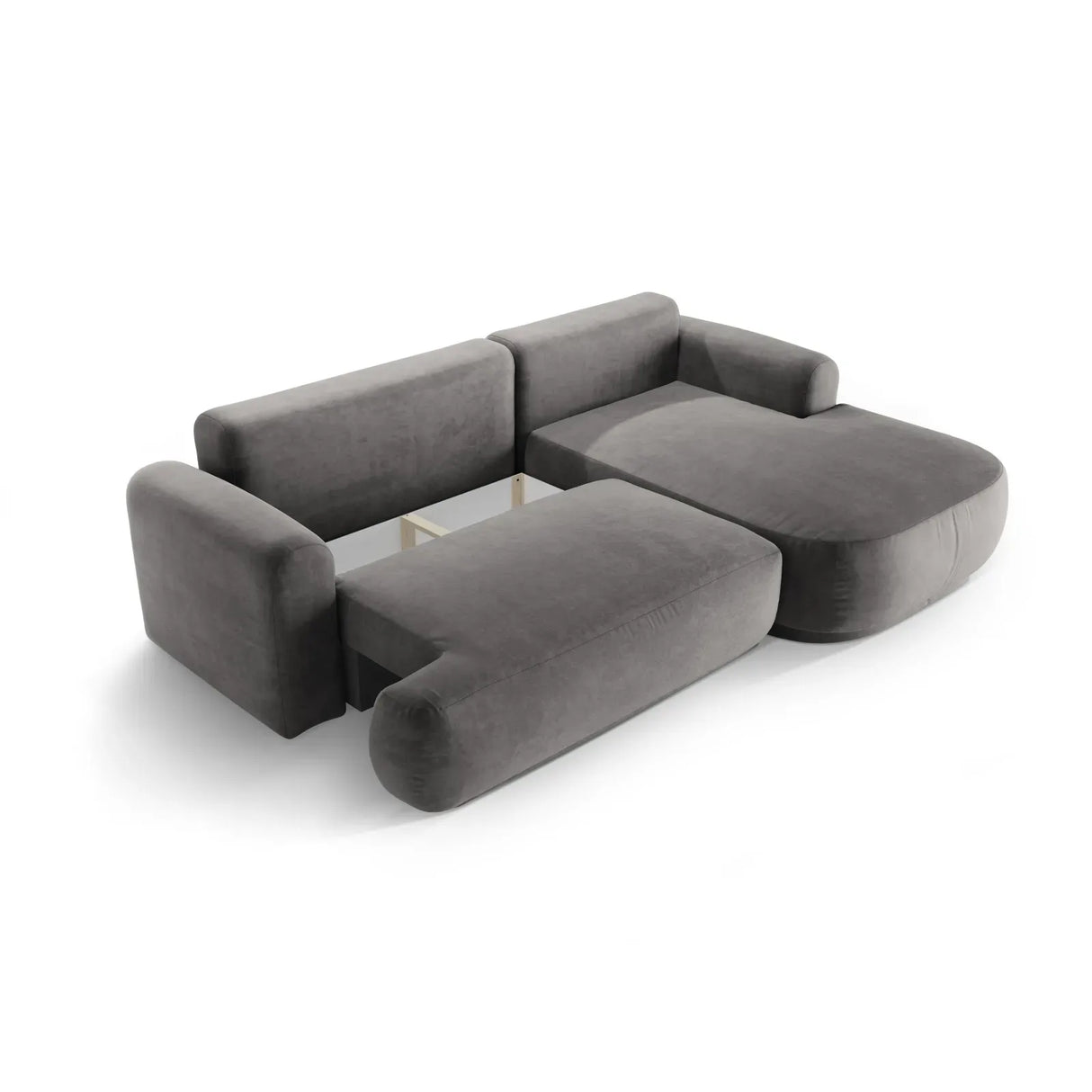 Canapé d'angle droit Ella 4 places avec fonction couchage et coffre de rangement. Revêtement en velours, tissu structuré ou bouclé, 271 x 174 cm.