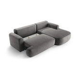 Canapé d'angle droit Ella 4 places avec fonction couchage et coffre de rangement. Revêtement en velours, tissu structuré ou bouclé, 271 x 174 cm.