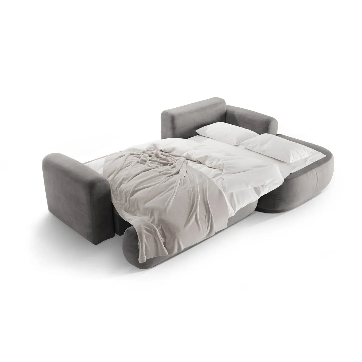 Canapé d'angle droit Ella 4 places avec fonction couchage et coffre de rangement. Revêtement en velours, tissu structuré ou bouclé, 271 x 174 cm.