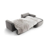 Canapé d'angle droit Ella 4 places avec fonction couchage et coffre de rangement. Revêtement en velours, tissu structuré ou bouclé, 271 x 174 cm.