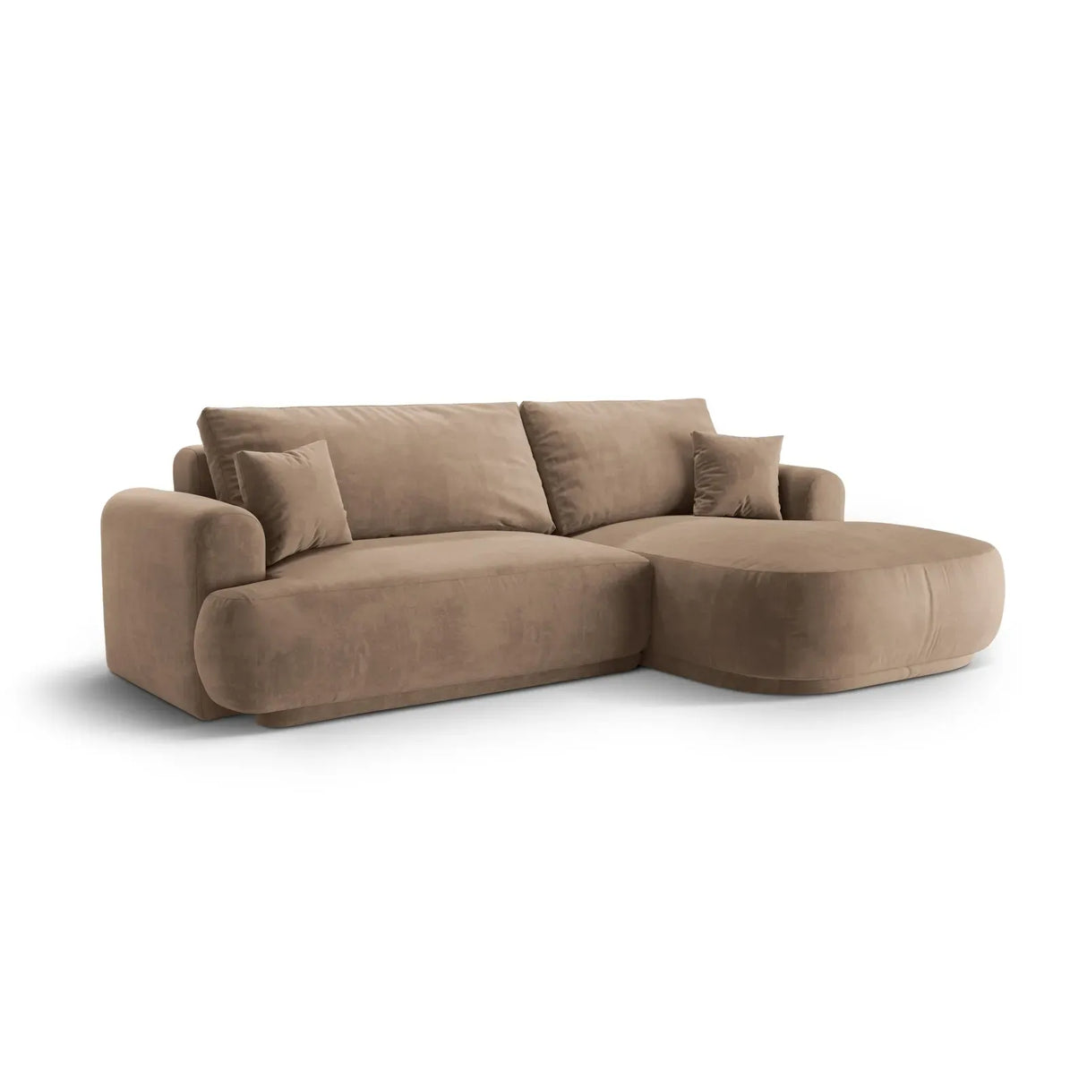 Canapé d'angle droit Ella 4 places avec fonction couchage et coffre de rangement. Revêtement en velours, tissu structuré ou bouclé, 271 x 174 cm.