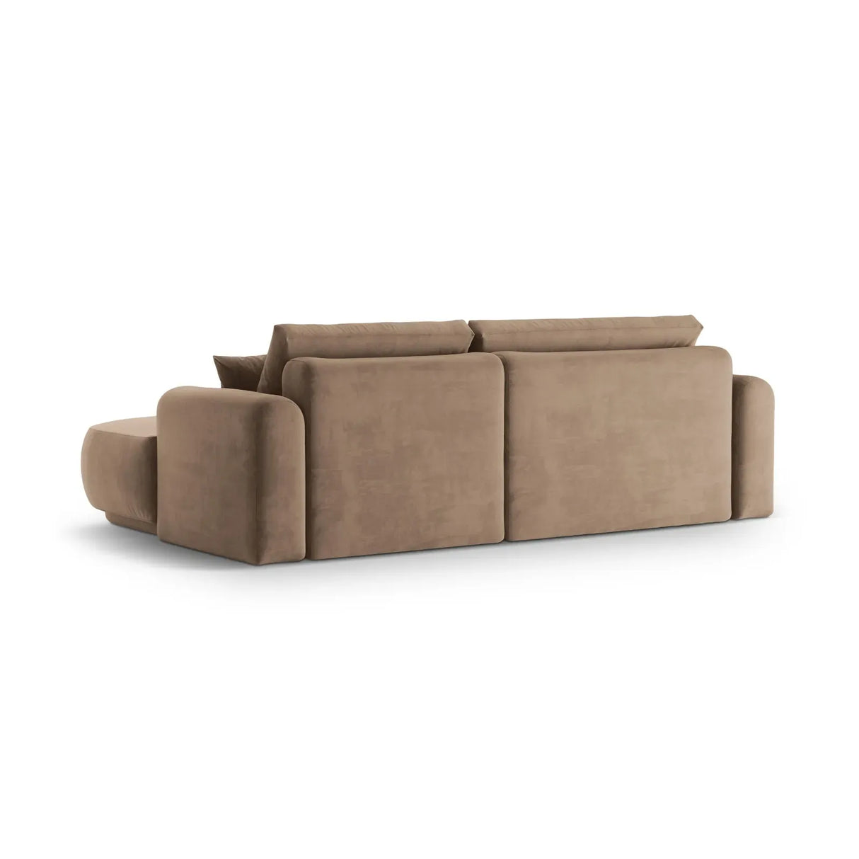 Canapé d'angle droit Ella 4 places avec fonction couchage et coffre de rangement. Revêtement en velours, tissu structuré ou bouclé, 271 x 174 cm.
