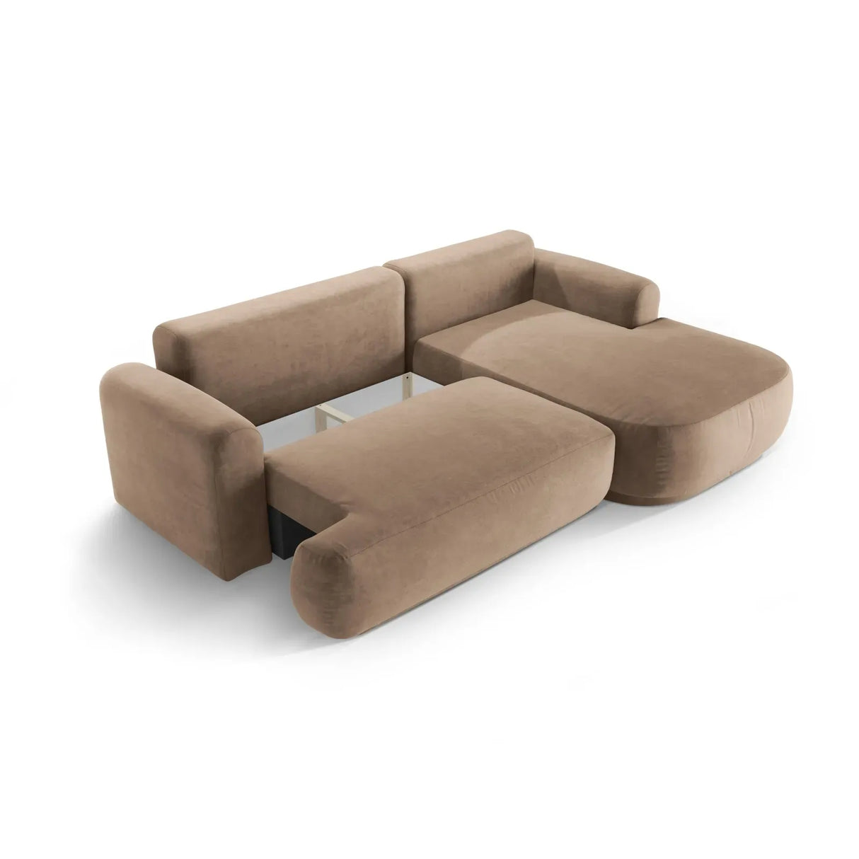 Canapé d'angle droit Ella 4 places avec fonction couchage et coffre de rangement. Revêtement en velours, tissu structuré ou bouclé, 271 x 174 cm.