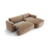 Canapé d'angle droit Ella 4 places avec fonction couchage et coffre de rangement. Revêtement en velours, tissu structuré ou bouclé, 271 x 174 cm.