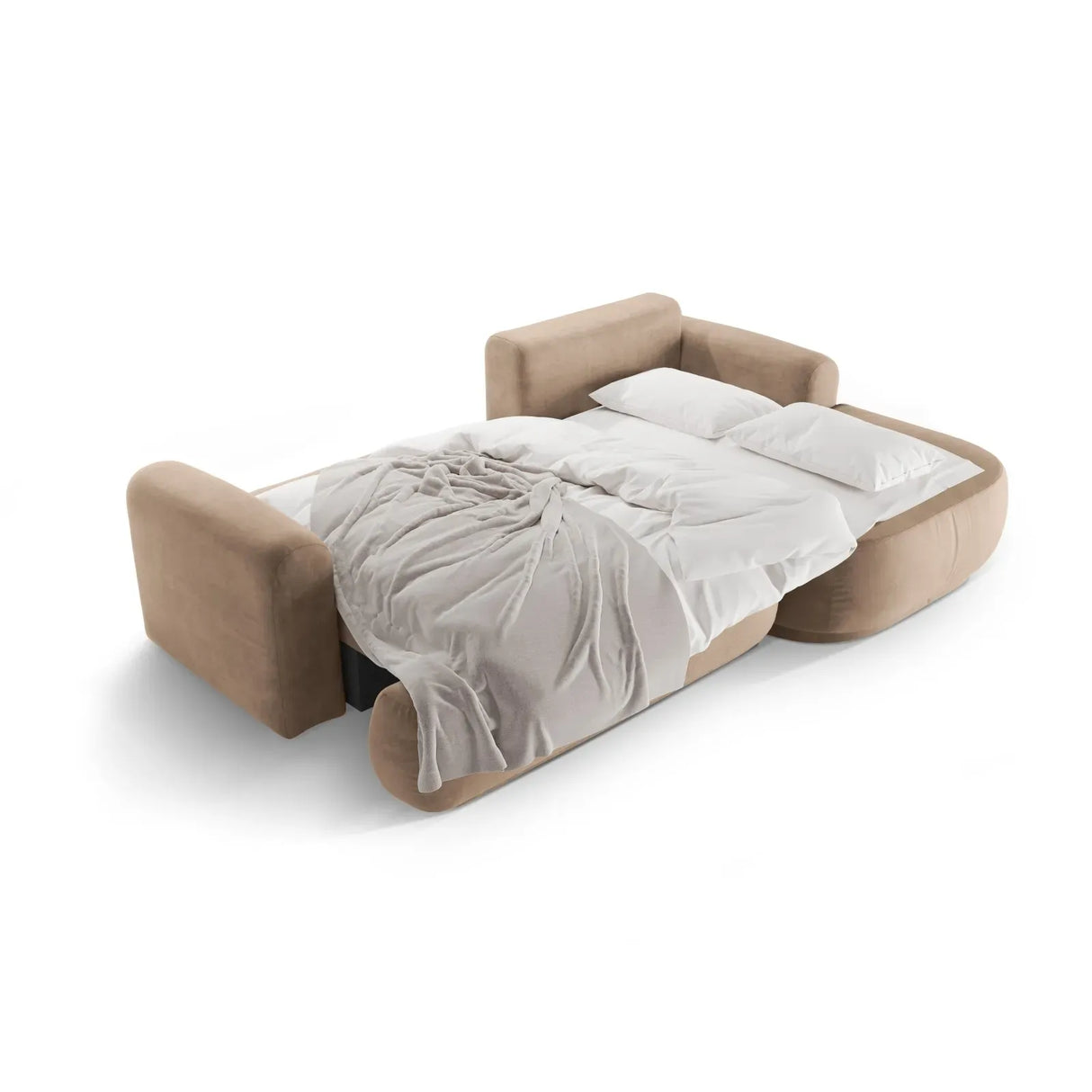 Canapé d'angle droit Ella 4 places avec fonction couchage et coffre de rangement. Revêtement en velours, tissu structuré ou bouclé, 271 x 174 cm.