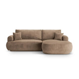 Canapé d'angle droit Ella 4 places avec fonction couchage et coffre de rangement. Revêtement en velours, tissu structuré ou bouclé, 271 x 174 cm.