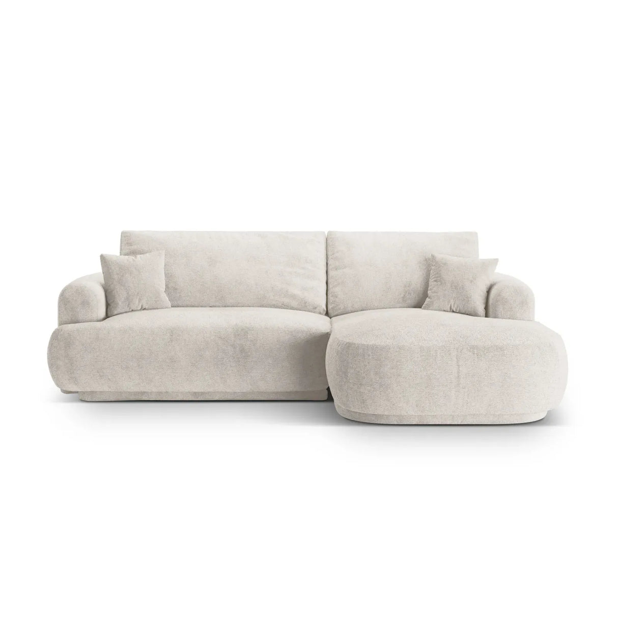Canapé d'angle droit Ella 4 places avec fonction couchage et coffre de rangement. Revêtement en velours, tissu structuré ou bouclé, 271 x 174 cm.