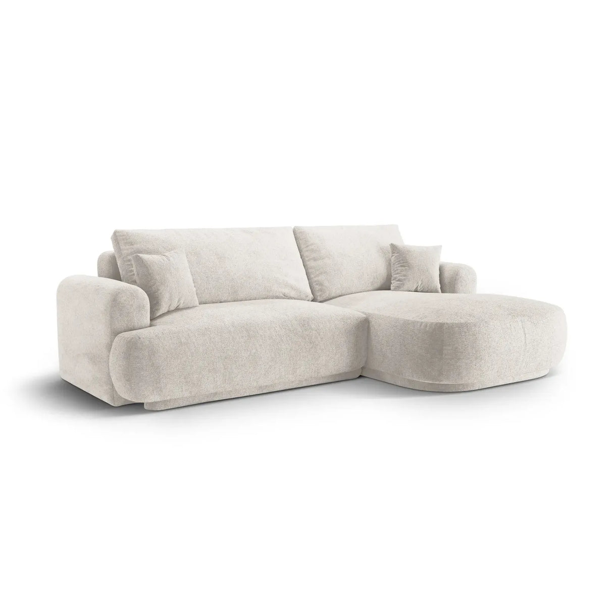 Canapé d'angle droit Ella 4 places avec fonction couchage et coffre de rangement. Revêtement en velours, tissu structuré ou bouclé, 271 x 174 cm.